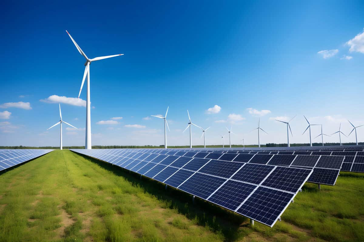 Windkraftanlagen und Sonnenkollektoren auf einem Feld.