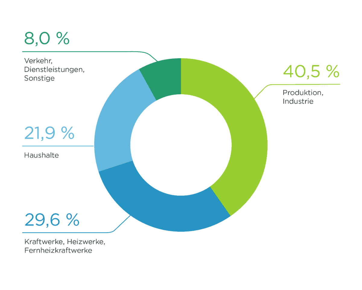 Eine Grafik, die den Gasverbrauch in Österreich beschreibt: 8,0% Verkehr; 21,9% Haushalte; 29,6% Kraftwerke; 40,5% Produktion